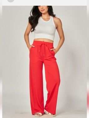 Love Poem Womens Wide-Leg Drawstring Pants in Vibrant Red